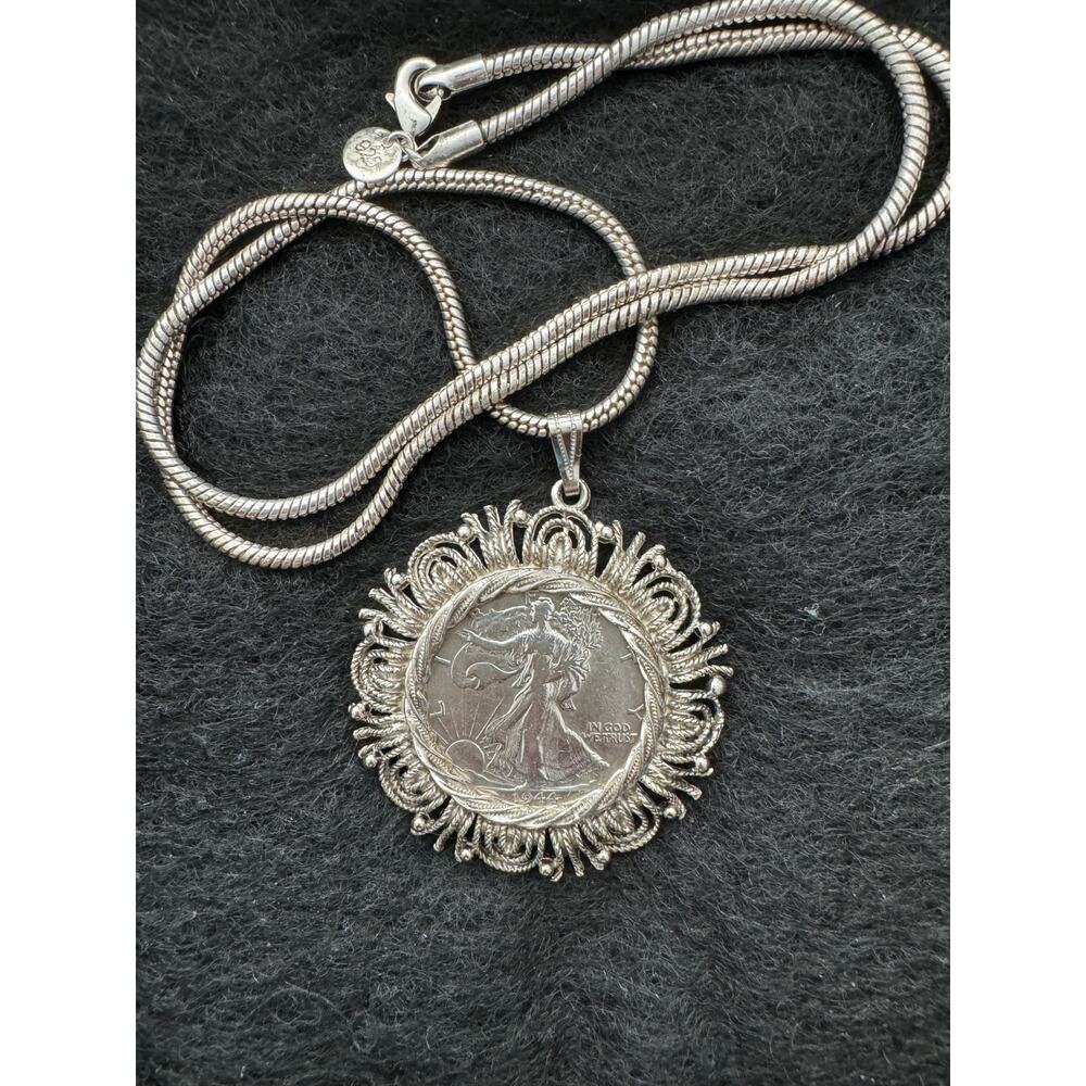 Silver Half Dollar Medallion Pendant with Silver Chain 925 Stamped